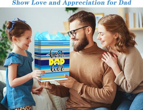 FaCraft Fathers Day Gift Bag - 13" Large Happy Father's Day Gift Bags with Tissue Paper Best Dad Ever Paper Bag with Handle for Dad Stepdad Grandf...