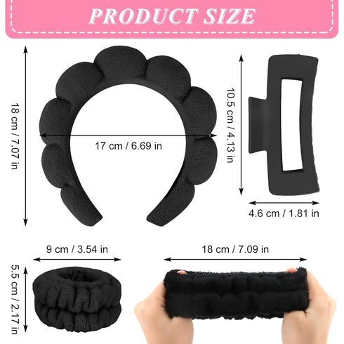 Wecoe Spa Headband And Wristband Set Skincare Headband For Washing Face Hair Claw Clips For Thick Hair Cute Black Puffy Sponge Makeup Headband Bub...