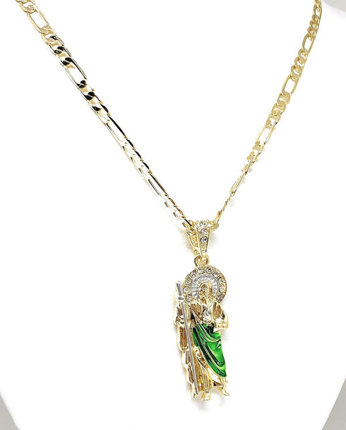 Gold Plated Green Saint Jude Pendant Necklace Figaro 24" San Judas Tadeo Medalla Cadena Oro Laminado...