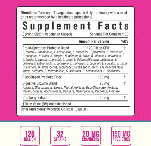 Women's Probiotic, 120 Billion & 32 Strains with Cranberry, Prebiotics & Digestive Enzymes, Gut, Vaginal & Urinary Tract Support, 30 Delayed Relea...