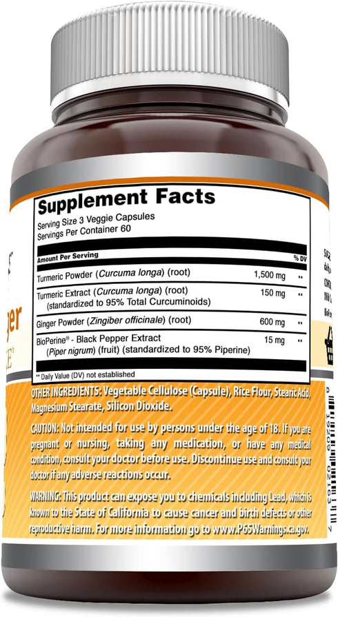 Amazing Formulas Turmeric Curcumin & Ginger with BioPerine 2250 mg Per Serving Veggie Capsules | Non-GMO | Gluten Free | Made in USA | Ideal for V...