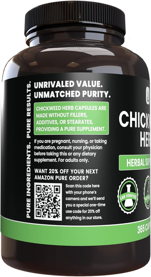 PURE ORIGINAL INGREDIENTS Chickweed Herb, (365 Capsules), No Magnesium Or Rice Fillers, Always Pure, Lab Verified...