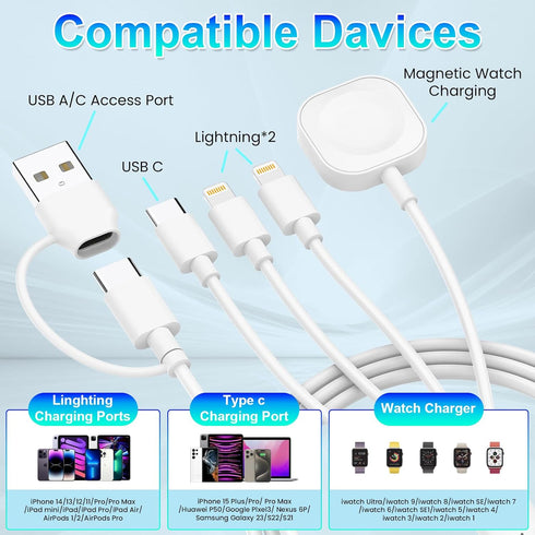 6 in 1 USB A/C Cable for Apple Watch iPhone Charging Cable, 10FT Multi Charging Cable Compatible with iWatch Ultra/SE/9/8/7/6/5/4/3/2/1&iPhone 15/...