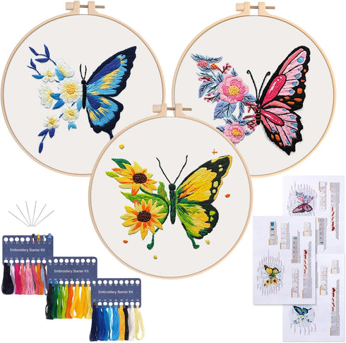 tyrixma 3 Sets Embroidery Starter Kit with Butterfly Flower Pattern for Beginners, Cross Stitch Kits for Adults with 3 Embroidery Hoops, Color Thr...