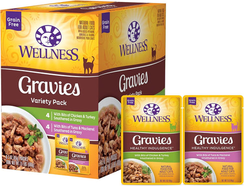 Wellness Healthy Indulgence Gravies Grain-Free Wet Cat Food, Made with Natural Ingredients and Quality Proteins, Complete and Balanced Meal, 3 oz ...