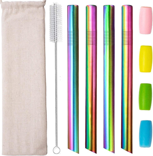 Reusable Boba Smoothie Straw Rainbow Metal Straws Wide Thick Fat Angled Tip Sharp End Straw for Milkshake Jumbo Bubble Tea Straws With Carry Case ...