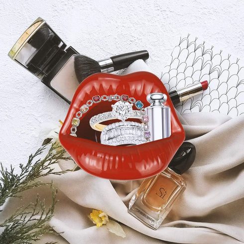 Trycooling Ceramic Red Lips Lipstick Ring Holder Jewelry Tray Rack Decorative Cosmetic Storage Display Holder Desktop Hairpin Storage Organizer Bi...