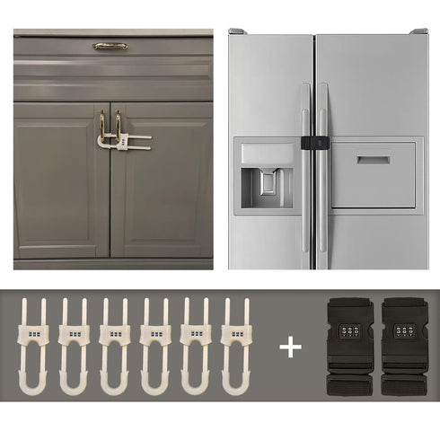 Premium Child-Proof Safety Bundle: 6 Sets of Adjustable Sliding Cabinet Door Code Locks & 2 Sets Fridge Freezer Lock Latch – Secure, Easy Install,...