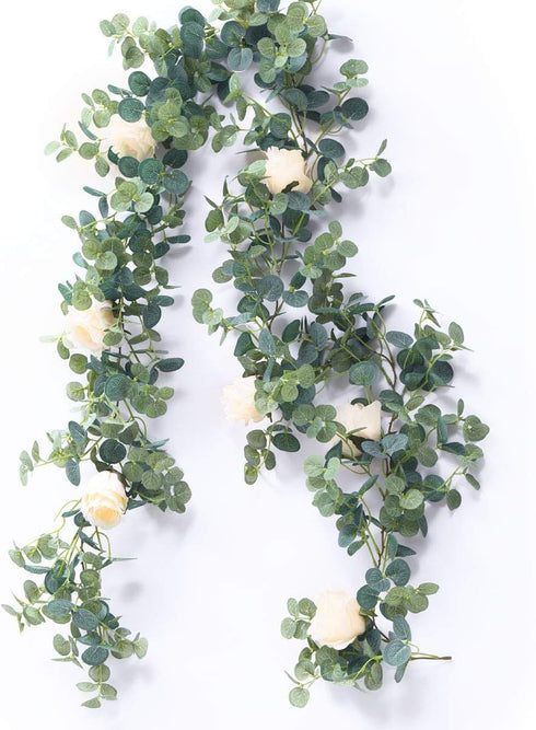 PARTY JOY 6.56ft Eucalyptus Garland with Flowers-8 Champagne Roses-Lush,Natural Looking, Floral Garland Greenery for Party Wedding Table Indoor Ou...