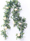 PARTY JOY 6.56ft Eucalyptus Garland with Flowers-8 Champagne Roses-Lush,Natural Looking, Floral Garland Greenery for Party Wedding Table Indoor Ou...