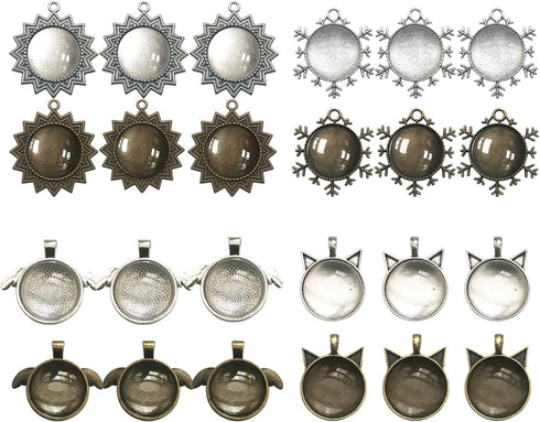 58 PCS Pendant Tray Kit, Seasonsky Pendant Trays Sun, Wing, Cat, Snowflakes with Glass Cabochon Blanks Clear Dome, 10 PCS Pendant Buckle for Photo...