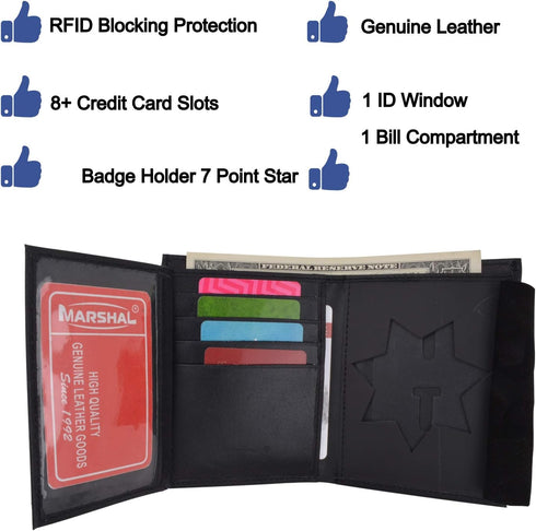 Marshal 100% Genuine Leather Bi-fold Badge Holder Black #2517TA...