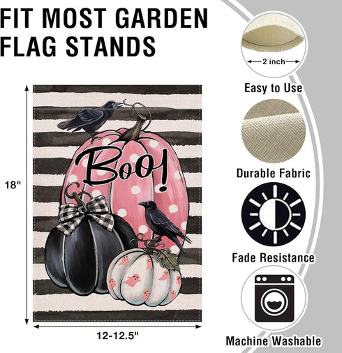 Halloween Boo Pumpkin Patch Small Decorative Garden Flag, Crow Pink Gourd Black White Stripes Yard Lawn Outside Decor, Fall Ghost Holiday Farmhous...