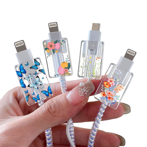 Cute Floral Cable Protector for iPhone Charger Red Rose Wild Flower Bouquet Butterfly Cherry Blossoms Pattern 4 pcs Set Charging Cord Phone Saver....
