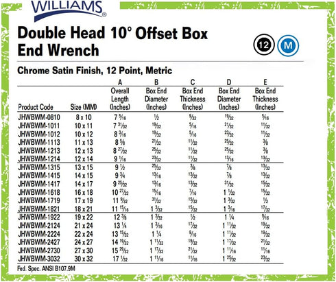 Williams BWM-1315 13 by 15 Millimeter Double Head 10-Degree Offset Box End Wrench...