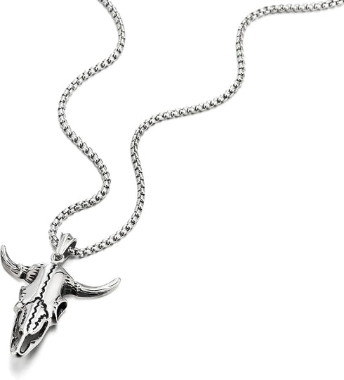 COOLSTEELANDBEYOND Stainless Steel Vintage Goat Bull Skull Pendant Necklace for Man, 30 inches Chain, Gothic Tribal...
