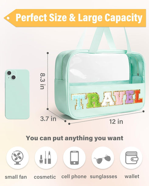 Modern Transparent Makeup Pouch with Embroidered Monogram - Clear Toiletry Bag with Wristlet for Women and Girls - Stylish Waterproof Cosmetic Cas...