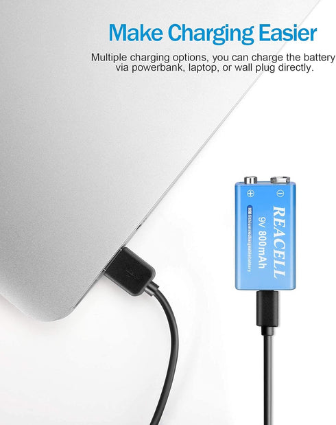 2 Packs Rechargeable 9V Lithium Batteries, 9 Volt Batteries for Smoke Detector, 800mAh 9V USB Charging for Microphones, Walkie-Talkie and Toys...