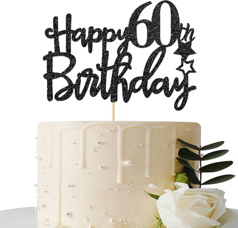 Black Glitter Happy 60th Birthday Cake Topper for Women Men, Hello 60th Anniversary, Cheers to 60 Years Party Decorations...