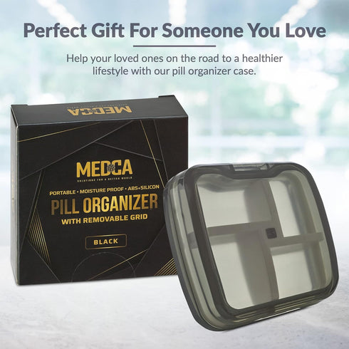 Compact Pill Box Organizer - Portable Waterproof Medicine Organizer and Daily Pill Container with Removable 4 Compartment Divider - Durable ABS Si...