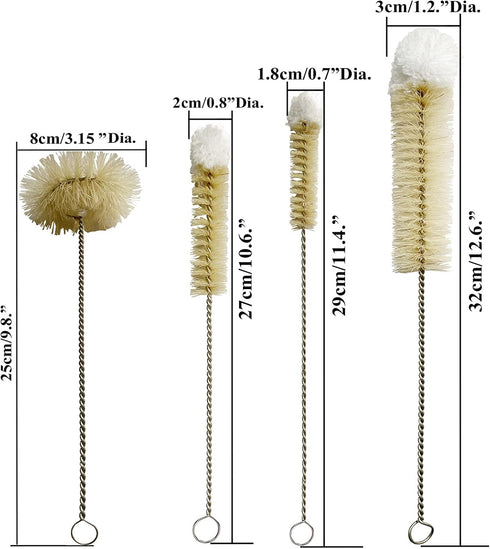 Coralpearl Stainless Steel Soda Bottle Cleaning Brush Set Natural Boar Bristle Wool Tip Long Handle, Flexible Bendable Thick Wire Cleaner for Narr...