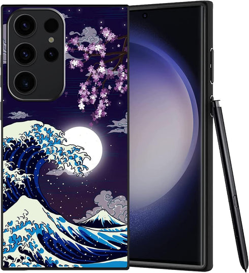 Compatible with Samsung Galaxy S23 Ultra Case Japanese Wave Cherry Blossom Moon Pattern Phone Case for Boys Girls Aldults, Shockproof Anti-Scratch...