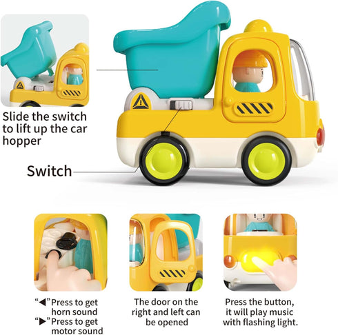 Friction Powered Push and Go Inertia Cars Small Dump Truck with Music Sound and Light Construction Vehicles Toy Trucks 1st Birthday Gifts for Kids...