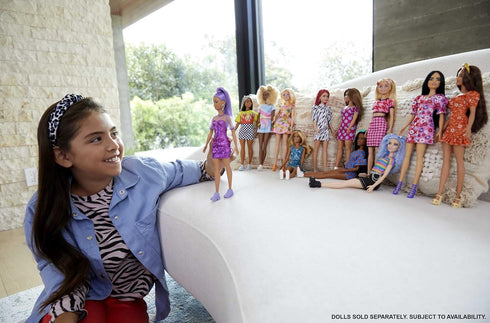 Barbie Fashionistas Doll, Petite, Long Purple Hair & Purple Metallic Dress, Sheer Bodice & Sleeves, Purple Sneakers, Toy for Kids 3 to 8 Years Old...