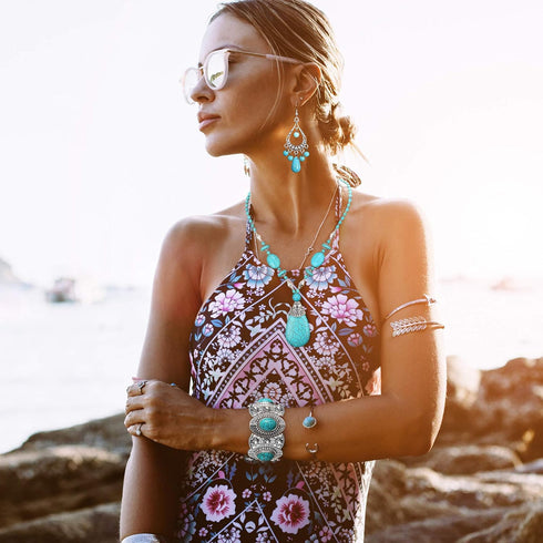 3 Pieces Bohemian Turquoise Jewelry Set Women Western Jewelry Set Turquoise Pendant Necklace, Vintage Turquoise Dangle Earrings, Stretchable Turqu...