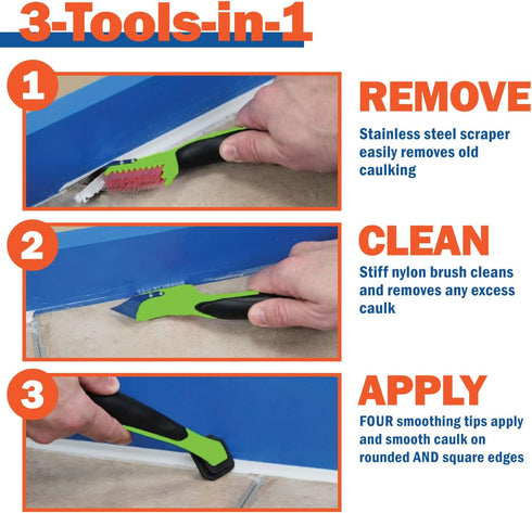 Warner Manufacturing 3-in-1 Caulk Tool for Easy Removal and Application, Scraper, Brush and Applicator,Green...