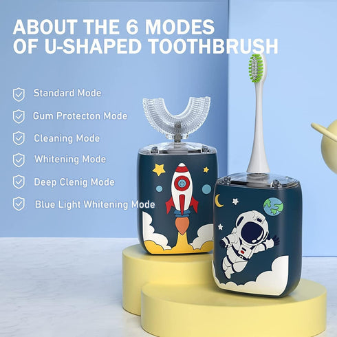 Kids U Shaped Electric Toothbrush with 4 Brush Heads, Cartoon Sonic Automatic Toothbrush with 6 Cleaning Modes, 360-Degree Cleaning, IPX7 Waterpro...
