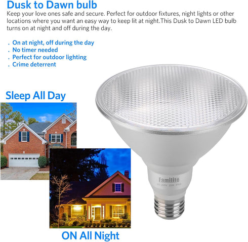 Dusk to Dawn PAR38 LED Flood Light Bulbs with Auto On/Off Light Sensor for Porch Security or Landscape Lighting, 20W = 100W, IP65 Waterproof, Warm...