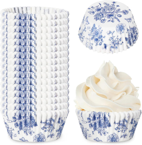 600Pcs Blue Floral Cupcake Liners Chinoiserie White Blue Flower Cupcake Wrappers Paper Disposable Decorative Muffin Brownie Cups for Baking Party ...