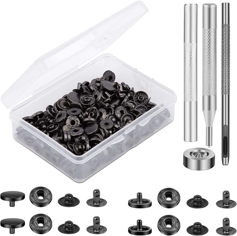 TLKKUE 50 Sets Leather Snap Fasteners Kit 10mm Black Metal Snap Buttons kit Stainless Steel with 4pcs Snap Fastener Installation Tools for Sewing ...