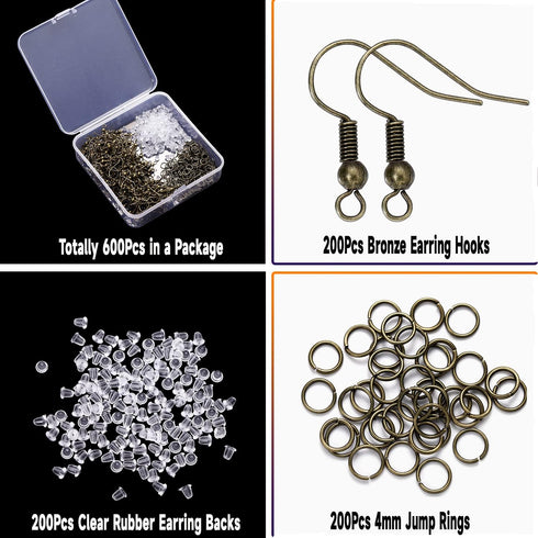 600Pcs Hypoallergenic Earring Hooks, Antique Bronze Making Kit With Backs and Jump Rings for Jewelry (Bronze)...
