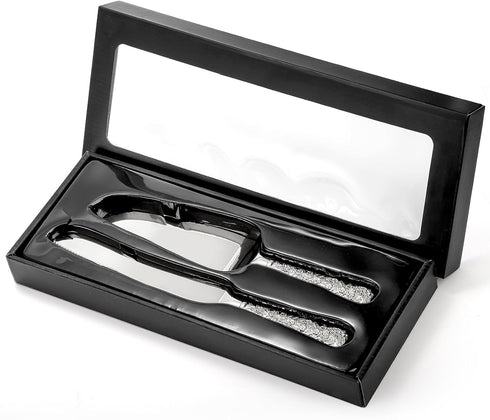 Dicunoy 2 PCS Wedding Cake Knife and Server Set, Silver Cake Cutting Set, Vintage Engraved Cake Cutter and Elegant Serving Spatula for Birthday, P...