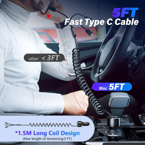 66W High-Speed Car Charger - 5-Port Fast Charging Hub with PD & QC3.0, Universal Compatibility for iPhone 15/14/13/12/11, Samsung Galaxy S23/S22/S...