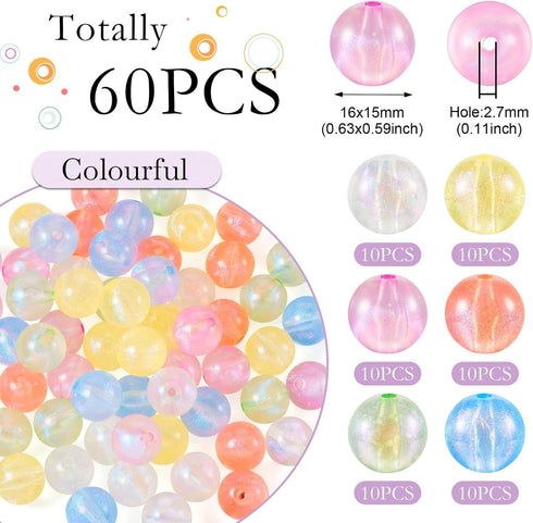 60Pcs 16mm Glow in The Dark Round Acrylic Beads 6 Colors Clear Focal Beads with Glitter Powder for Beadable Pens Keycain Crafts DIY Friendship Bra...