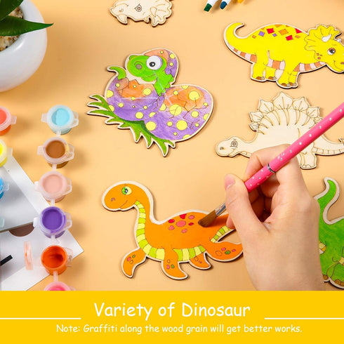 Jetec 24 Pieces Dinosaur Unfinished Wood Cutouts Animal Wooden Paint Crafts for Kids Dinosaur Birthday Party Supplies Home Decoration Ornament Sch...