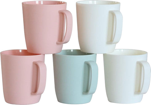 Coffee Mugs Set of 5, 10 Ounce Unbreakable Plastic Cups With Handle, 3 Basic Colors, Dishwasher Safe...