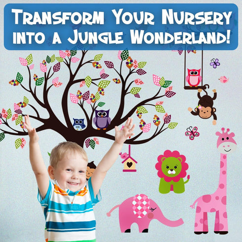 DEKOSH Pink Jungle Baby Nursery Wall Decal Peel & Stick Colorful Owl Giraffe Lion Animal Wall Stickers for Kids Room...