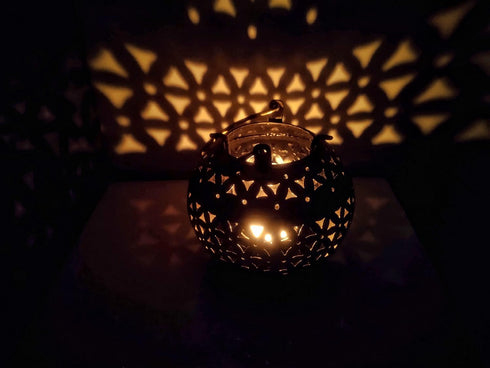 eTroves Handmade Moroccan Lanterns Hanging & Table Top Tea Light Candle Holder Round Tealight Stand for Indoor Outdoor Golden Hanging Tea Light Ho...