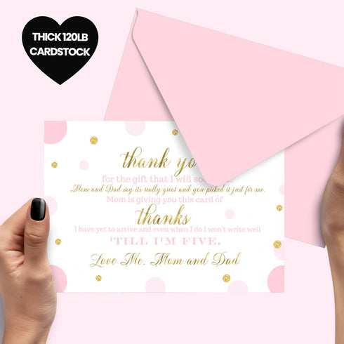 Pink and Gold Baby Shower Thank You Cards with Envelopes - Blank Notes with Prefilled Message for Girls - Personalize Cute Princess Twinkle Star N...