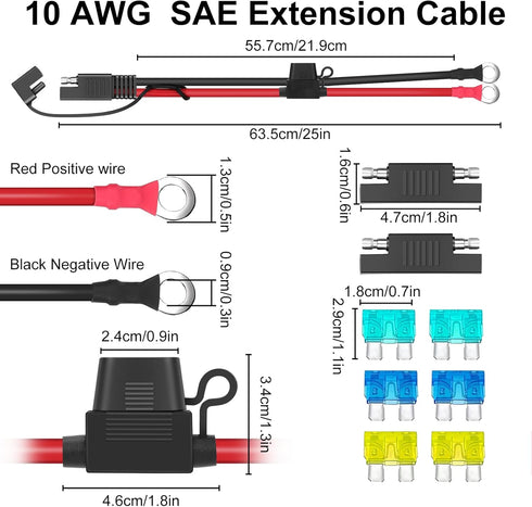 Linkstyle 10 AWG SAE to O Ring Terminal Harness,2PCS 2FT/60CM SAE Battery Connector, 2Pin Quick Disconnect SAE Battery Extension Cord Cable with 1...