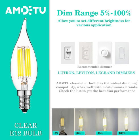 AMDTU 4000k LED Chandelier Light Bulbs,Dimmable E12 Daylight White,6w 60Watt Equivalent for Dining Room,Kitchen 6pack,LED Candelabra Light Bulbs...