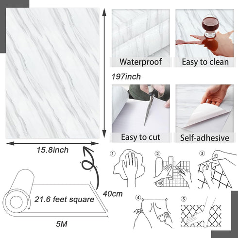 Marble Contact Paper Granite Gray/White Wallpaper Glossy Marble Wallpaper Peel and Stick Wallpaper Self Adhesive 15.8? ×197? Countertop Paper for ...
