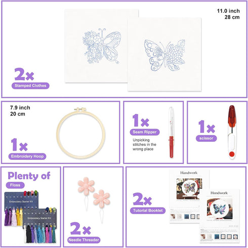 BREENHILL 2 Sets Embroidery Kit Starter with Pattern and Instructions, DIY Beginner Starter Cross Stitch Kit Include Embroidery Hoop, Needlework f...