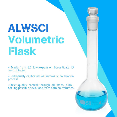 50ML Volumetric Measuring Flask Set NS12/14 Glass Stopper, Graduated, ASTM Class A Borosilicate Glass 3.3 for Laboratory, 2PCS...