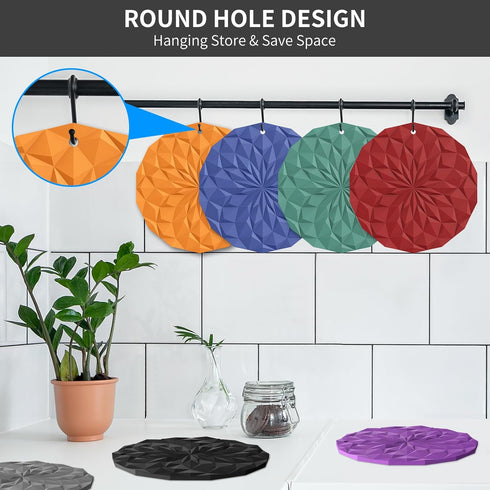 ME.FAN Silicone Trivet Mats - 4 Pack Pot Holders - 7.4'' Thickened Hot Pads for Hot pots, Pans and Dishes, Heat Resistant Silicone Trivet for Tabl...