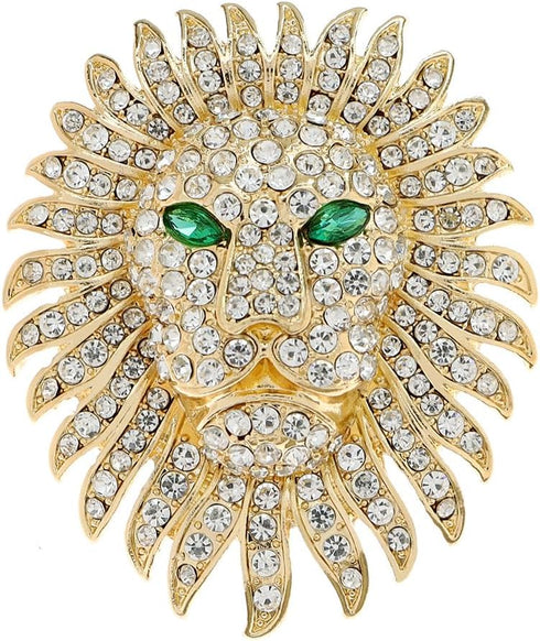 Rhinestones Stubbed Green Crystal Eye Lion Head Golden Brooch Pin Golden...